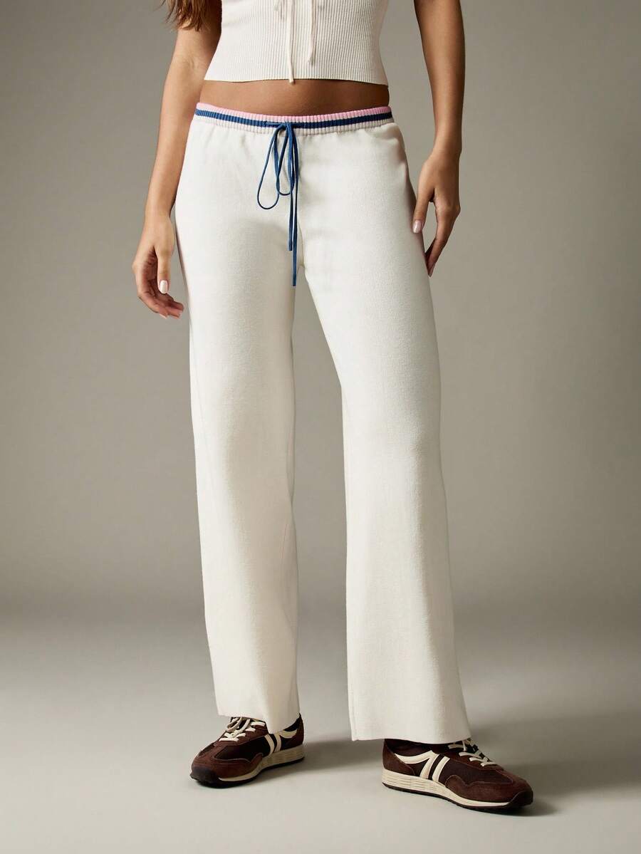 MISSGUIDED 舒适针织阔腿家居裤，配有抽绳腰带，复古条纹饰边，罗纹秋冬休闲裤 - 彩色 - 查看 1