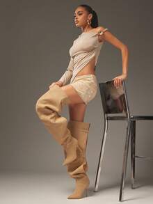 SHUZIA Glamouröse Damen Beige PU Overknee Slouch Spitzschuh High Heel Stiletto Sexy Winter Schnallen Riemen Stiefel Urlaub