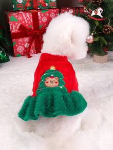 PETSIN PC猫狗通用宠物秋冬衣服可爱圣诞树小狗裙圣诞连衣裙舒适秋冬保暖连衣裙 - 紅綠 - 查看 4