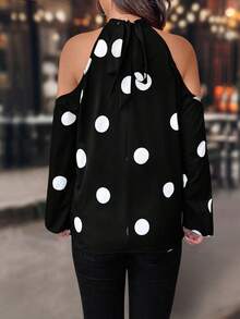 SHEIN PETITE Petite Women's Classic Polka Dot Off-Shoulder Casual Long Sleeve Shirt - Black - View 2