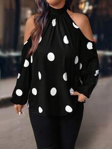 SHEIN PETITE Petite Women's Classic Polka Dot Off-Shoulder Casual Long Sleeve Shirt - Black - View 5