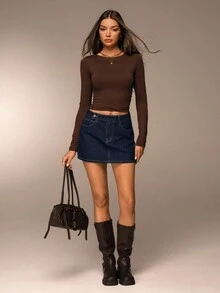 Avantive Women's Solid Color Fashion Simple Design Versatile Casual Denim Skirt Denim Skorts For Women Jean Skirt Y2k Jean Skirt Mini Casual New Year Look Halloween Fall Clothes For Women /Winter/Autumn/Out Outfits/Birthday Outfits/Casual/Millennium /2000/90s/Western-Style Women/Club/Office/Cocktails/Retro /Rave Outfits Festival/Fun/Classic/Old Money/Streetwear/Workwear/Bachelorette Outfits/Concert/Basic/Gong Out/Elegant/Casual/Going Out - Dark Wash - View 6