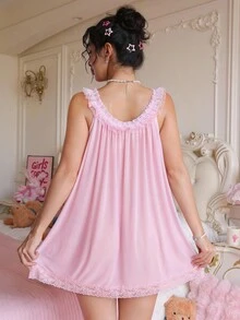 PetitDoll Women's Sweet & Sexy Lace Ruffle Hem Babydoll Dress With Bow & Floral Decor Babydoll Pajama Set Nighties Sleepwear Lingerie - Pink - View 2