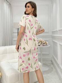 CottageSlumber Cămașă de noapte tip pijama cu mânecă scurtă, cu imprimeu de lalele, texturată, pentru sezonul de sărbători, Moo Moo - Baby Pink - Vizualizare 2