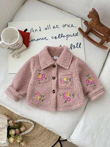 SHEIN Baby Girl Thick Fleece Embroidered Flower Collar Long Sleeve Jacket, Autumn/Winter Fall