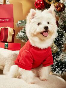 PETSIN 1件宠物圣诞雪人卡通图案可爱印花狗狗红色抓绒卫衣 - 紅色 - 查看 4