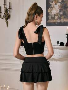 SHEIN MOD Women Floral Jacquard Asymmetric Hem Camisole And Ruffle Hem Mini Skirt 2 Pieces Set, Fashion,Fall Clothes For Women,Corset & Ruffled Shirt Set,