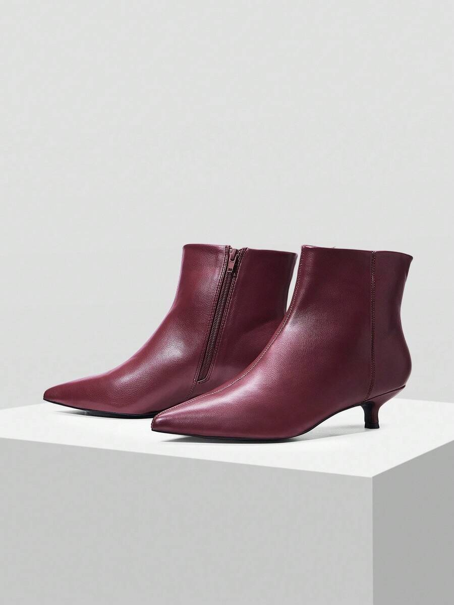 MOTF PREMIUM WOMEN'S FASHION COMMUTER MINIMALIST PU LEATHER POINTED TOE LOW HEEL ANKLE BOOTS FOR CHRISTMAS SPRING SHOES FALL SHOES - Burgundy - View 2