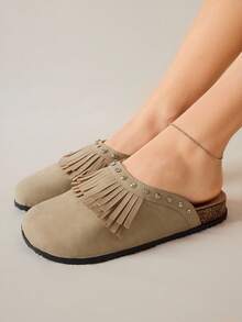 Solecia Giày Brogues mũi tròn có tua rua dành cho nữ, giày bệt có quai khóa kép đính đá lấp lánh, thoải mái khi đi làm, dự tiệc, đi làm, thời trang đa năng - Màu Khaki - Xem 9