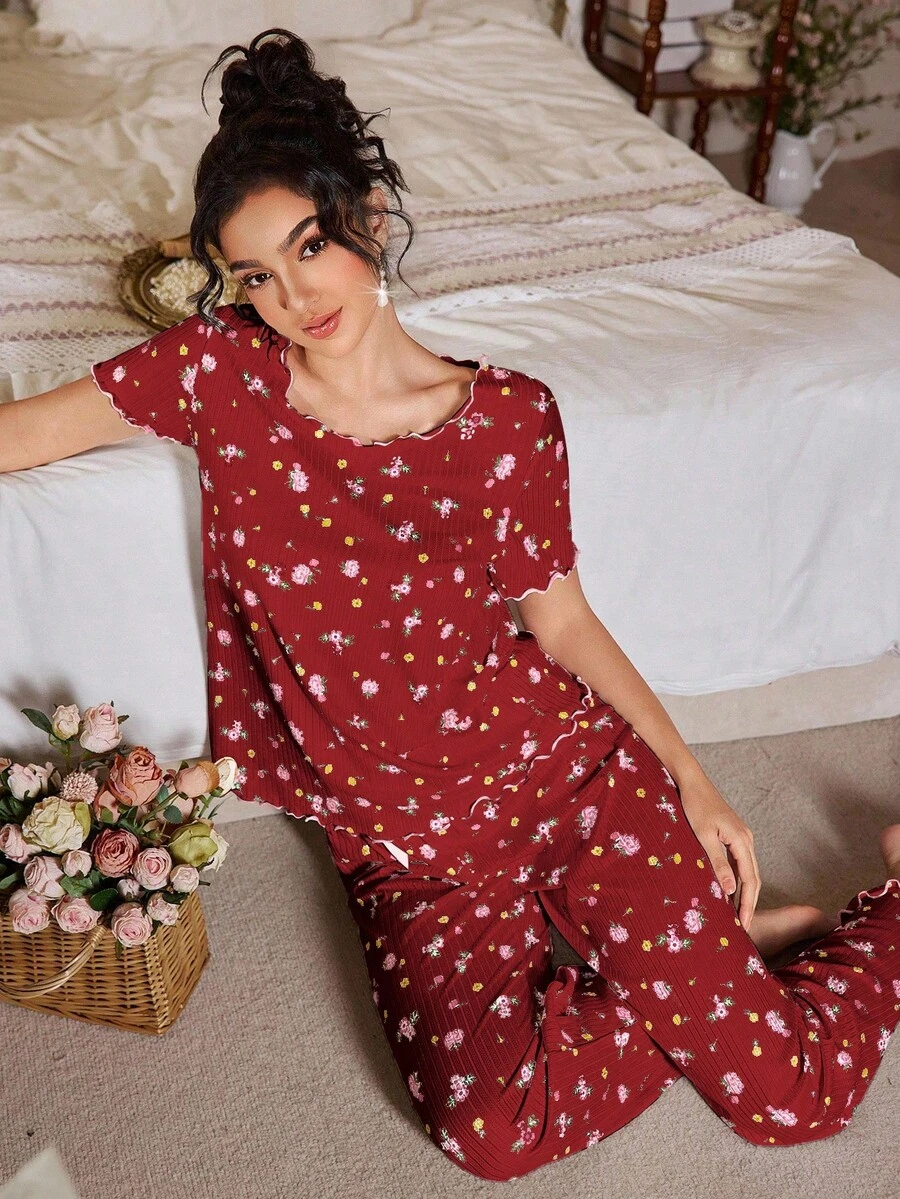 Tulorae Bow Decor Floral Print Textured Knit Women Pajama Set - Red - View 1