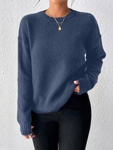 EMERY ROSE All-Match Solid Color Casual Loose Crew Neck Long Sleeve Women Sweaters - Dark Blue - View 4
