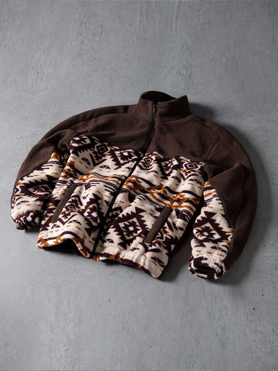 Manfinity EMRG Men's Long Sleeve Vintage Stand Collar Zip-Up Casual Jacket Brown Earthy Western Fleece Jacket Southwestern Fleece Jacket , Fall Winter
