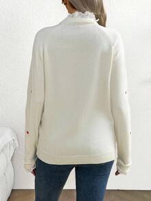 SHEIN 女士心形印花刺绣蕾丝边孕妇长袖毛衣 - 米色 - 查看 2