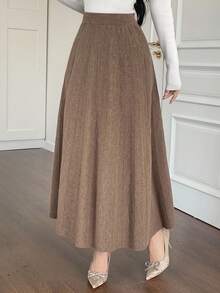 DAZY 女士优雅纯色A字型毛衣半裙，秋冬女装半裙 - 棕色 - 查看 4