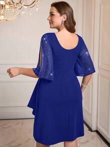 Gownix Plus Size Women's Rhinestone Embellished Split Sleeve Party Dress - Royal Blue - View 2