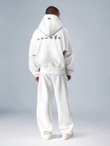 PLAYBOY X SUMWON 奢华家居服阔腿运动裤标志系列宽松版型冬季休闲街头服饰抽绳腰慢跑裤 - 淺灰色 - 查看 5