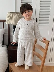 DAZY 2 件套男宝宝韩版休闲长袖 T 恤和宽松裤子睡衣套装秋冬 - 白色 - 查看 1