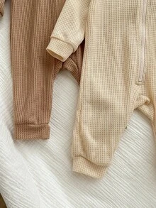 SHEIN 2pcs Newborn Baby Girl Baby Boy Daily Basic Neutral Cute Solid Color Knitted Long Sleeve Jumpsuit, Autumn/Winter Fall