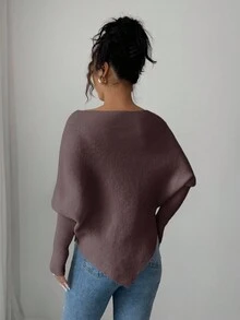 Selianne 女式不对称蝙蝠袖圆领休闲优雅针织毛衣上衣，适合春秋冬季度假和节日穿着 - 咖啡棕 - 查看 2