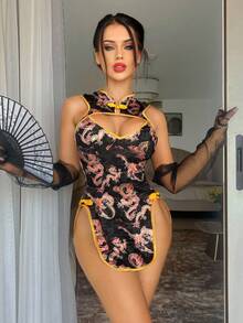 SHEIN 性感系列印花镂空开衩女士内衣服装 - 黑色 - 查看 4