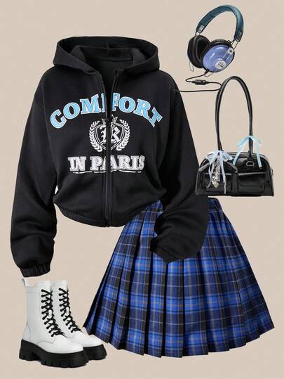 SHEIN Explorewe 2 件套少女拉链毛衣连帽夹克和百褶裙套装，时尚百搭，黑色长袖印花夹克，蓝色格子百褶裙，适合秋冬季外出、购物和休闲穿着，可搭配上衣或连帽衫少女拉链连帽衫校服、演唱会服装