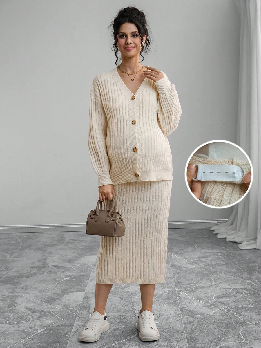Momance Maternity Solid Color Drop Shoulder Long Sleeve Single-Breasted Knit Cardigan And Adjustable Waist Knit Midi Skirt Casual Suit, Autumn