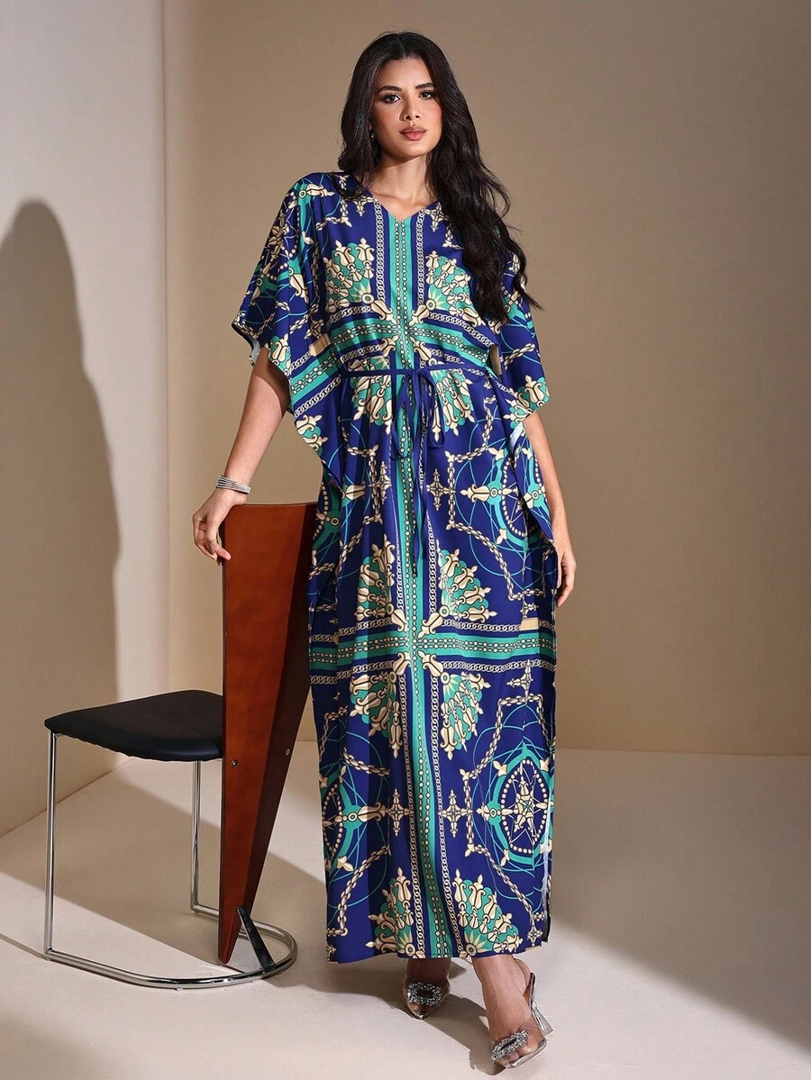 JIAN LASALA All-Over Print Blue Batwing Sleeves Boho Kaftan Maxi Dress Women Casual Vacation Wear Blue Maxi Dress Caftan Dress Print Maxi Dress Women Print Dress Motif Dress Print Dresses For Women Blue Maxi Dress Women Evening Dress Wedding Guest Luxury Stylish Clothing Collection - Multicolor - View 1