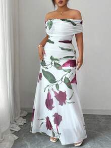 Modelyn 大码女式网眼印花露肩褶饰晚礼服 - 白色 - 查看 4