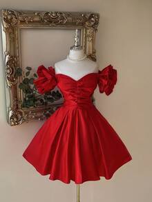 Lovelzi Váy chữ A rộng tay cánh hoa hở vai màu đỏ rượu vang thanh lịch & quý phái, thích hợp cho đám cưới, tiệc tùng, kỳ nghỉ, lễ tốt nghiệp, vũ hội trang trọng, váy dự tiệc cưới, váy dự tiệc cocktail - Màu Đỏ Sâu - Xem 4