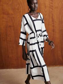 Lumivelle Green Women's Elegant Minimalist Geometric Pattern Waist Cinched Loose Flared Dress - Multicolor - View 3