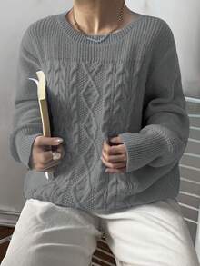 Elenzga Áo len dài tay cổ tròn dáng rộng thoải mái cho nữ cỡ lớn - Xám - Xem 6