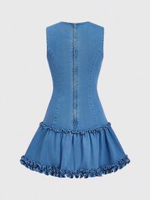 SHEIN MOD 女式休闲系带无袖牛仔连衣裙，夏季 - 藍色 - 查看 2