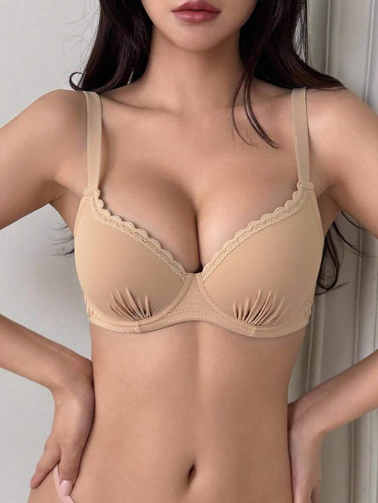 Solid Color Lace Patchwork Minimally Padded Adjustable Spaghetti Strap Women Bra Lingerie For Women