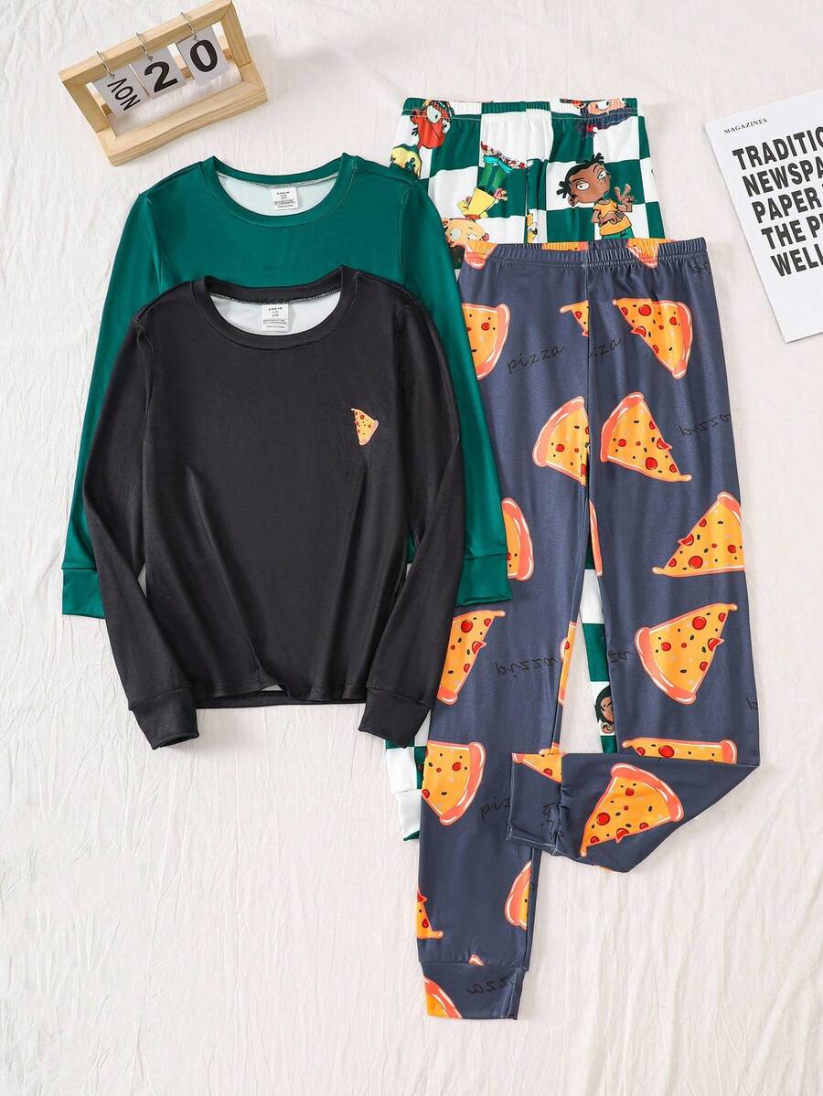 4 件套男童长袖紧身披萨和卡通人物印花休闲家居服套装，春秋 - 彩色 - 查看 1