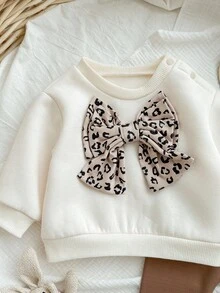 Newborn Baby Girl's Girls White Autumn Set,Leopard Print 3D Bow Knitted Sweatshirt And Thickened Elastic Waist Edge Winter Pants,Matching Family 2Pcs - Multicolor - View 6