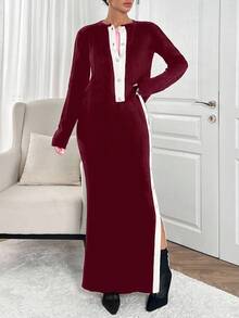 EURMUSE 2pcs Women Cardigan And Maxi Dress Sweater Set, With Rhinestone Buttons And Side Rhinestone Details,Co Ord,Winter Clothes - Burgundy - View 4