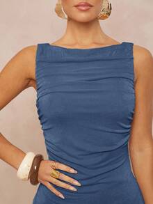 Lumalex Elastic Criss-Cross Ruched Dress With Boat Neck - Dusty Blue - View 4