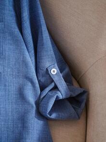 Rusticease 大码女式纯色V领卷袖衬衫，女式西装 - 藍色 - 查看 5