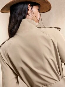 Easelle Vintage Nomadic High Collar Cinched Waist Button Up Women Trench Coat Women Trench Coat Belted Trench Coat Women Outerwear Women Jackets In Fall/Winter,Cozy Fall And Winter Clothes For Women - Apricot - View 8