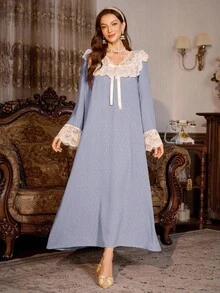 SHEIN 女士蕾丝拼接宫廷风镂空长袖宽松睡裙，蕾丝睡裙，秋冬款 - 藍色 - 查看 5