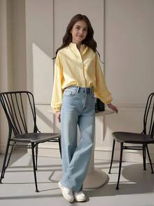 青少年女孩竖条纹印花纽扣领长袖口袋衬衫，适合秋季度假、假日、夏季、旅行休闲