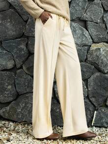 Lumivelle 女士休闲柔软宽松直筒抽绳裤，秋季 - 杏色 - 查看 4