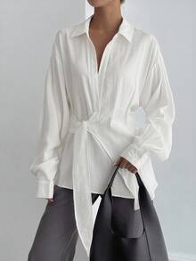 DAZY Women's Half-Placket Side Tie Pullover Casual Elegant Shirt Long Sleeve Top - White - View 2