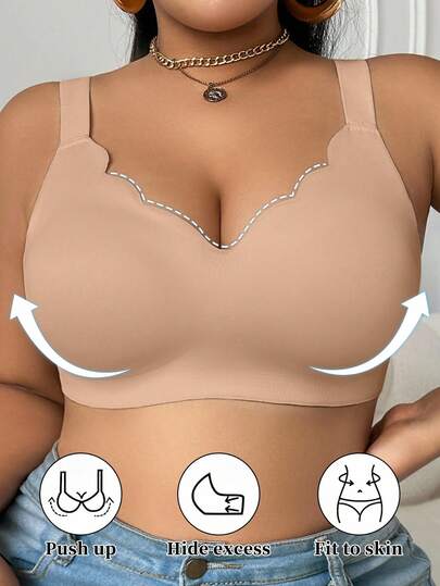 SHEIN Sujetador sin aros de apoyo suave con escote en V para mujer de talla grande, con tirantes anchos y cómodos, sujetador de una sola pieza sin alambres, sujetador inalámbrico de talla grande, sujetador push up inalámbrico de talla grande, sujetador push up de talla grande, sujetadores curvy plus, levantamiento