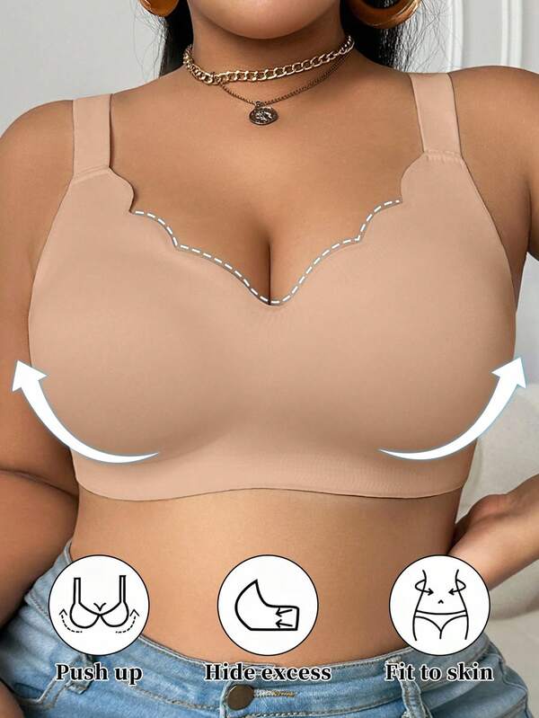 SHEIN Plus Size Women's Seamless Wirefree Bra Push Up Soft Support V-Neck Bra, Wide Shoulder Strap Comfortable Single Piece No Wire Bra Set Plus Size Wireless Bra Wireless Push Up Bra Plus Size Push Up Bra Curve Plus Bras, Lift