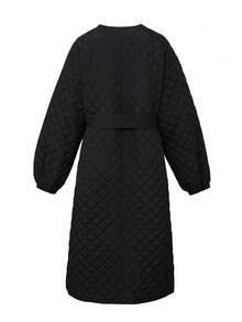 DAZY 小众设计法式宽松中长灯笼袖钻石绗缝棉衣女冬季 - 黑色 - 查看 8