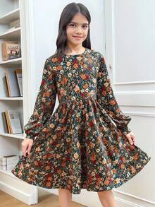 SHEIN Tween Girl Dusty Floral Print Flounce Sleeve Ruffle Hem Dress - Multicolor - View 10