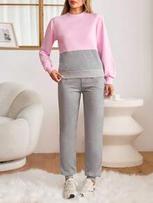 EURMUSE Set da due pezzi composto da felpa e pantaloni casual con blocchi di colore, taglia petite - Grigio - Visualizzare 3