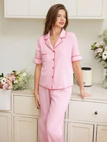 Women's Color Blocked Short Sleeve Pajama Set Holiday Season - Pink - View 6
