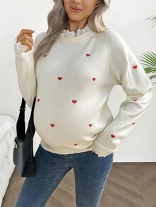 SHEIN 女士心形印花刺绣蕾丝边孕妇长袖毛衣 - 米色 - 查看 6